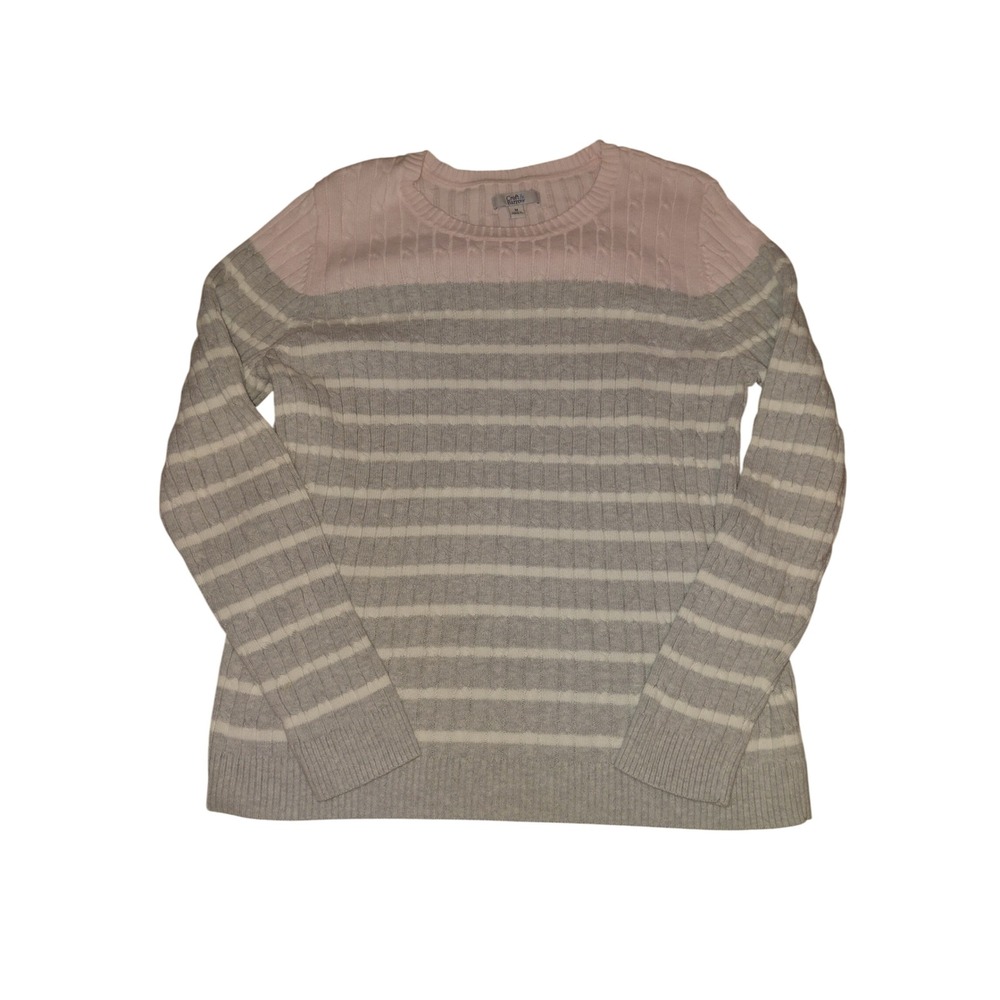 Croft & Barrow Womens Pink Grey Striped Cable Knit Crew Neck Sweater Size M